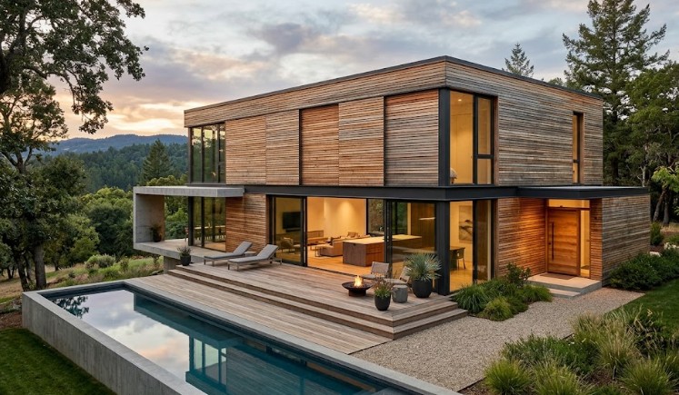 Maison contemporaine avec bardage bois et composite, terrasse bois et piscine